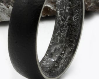 Meteorite men ring , mens wedding band, black titanium ring, Anniversary gift, man woman size, 7 mm round band, space rock ring comfort ring