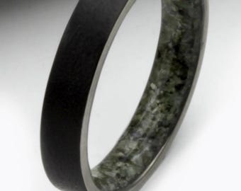 Black Titanium Wedding Band: Raw Emerald Stone, Comfort Fit