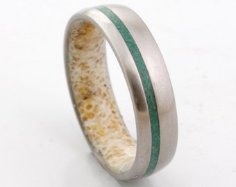 Titanium Wedding Band: Malachite & Deer Antler Ring