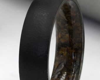 Unique black satin ring natural stones Obisdian / tiger eye raw gemstone mens wedding band womens men size Anniversary gift Titanium Comfort