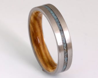 mens wedding band flat band olive ring turquoise wood ring comfort fit size 3 to 16