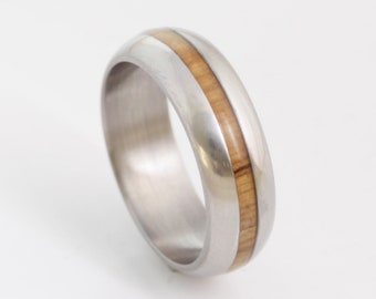 Olive Wood Inlay Titanium Ring - Dome Wedding Band