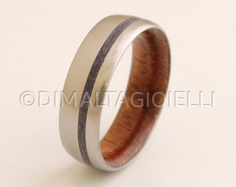 May include: A silver titanium ring with a dark wood inlay and two thin black lines.