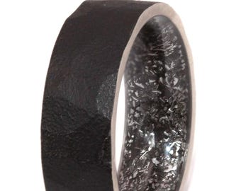 Meteorite men ring , mens wedding band, black titanium ring Hammered ring men women  Anniversary gift, 7 mm flat space rock ring comfort fit