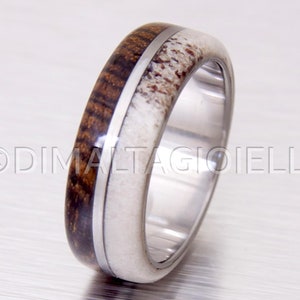 antler ring titanium ring with wood bocote deer antler band wood wedding ring band engagement ring