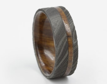 damascus steel ring ironwood wedding band black metal ring for man and woman wood wedding ring damascus steel wood ring