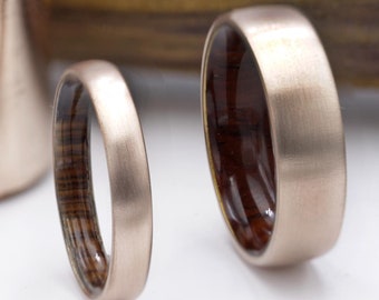 Handmade Copper Ring Set: Cocobolo Wood Wedding Bands