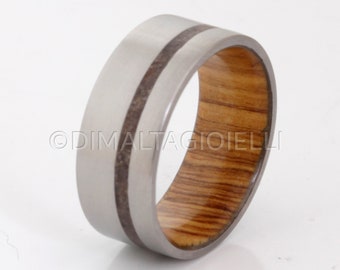 Titanium wedding band wood ring dinosaur bone ring man jewelry woman ring flat band inside wood band