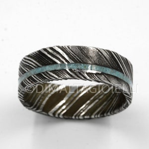 Damascus steel ring wedding band turquoise wedding ring mens wedding band turquoise man ring flat ring black metal 5 to 14 mm anniversary