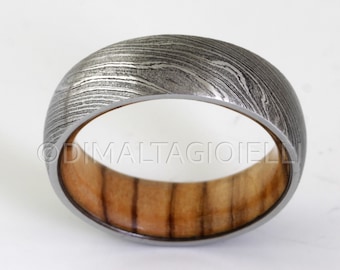 Damascus Steel Ring wood wedding band with inner olive wood wooden ring
