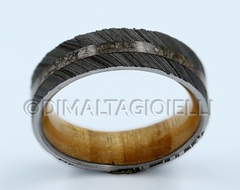 Damascus Steel Ring: Dinosaur Bone, Olive Wood Wedding Band