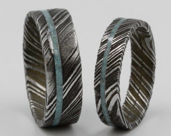 Damascus Steel Wedding Band Set: Turquoise Inlay Anniversary Rings