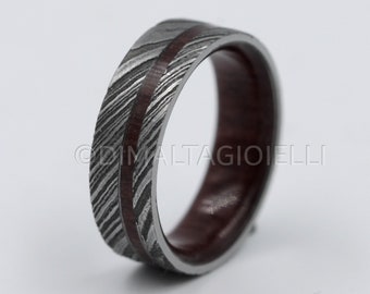 Damascus Steel Wedding Ring: Purple Heart Wood Inlay, Comfort Fit