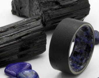 Black Tourmaline Ring: Raw Lapis Lazuli Titanium Wedding Band