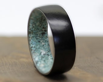 Black titanium wedding ring BLACK RING raw stone wedding band turquoise mens ring crushed blue turquoise ring size 3 to 16