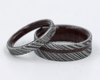 Damascus Steel Wedding Ring Set: Purple Heart Wood Inlay, Comfort Fit