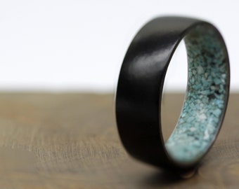 Black Titanium Wedding Ring: Crushed Turquoise Inlay, Mens Band