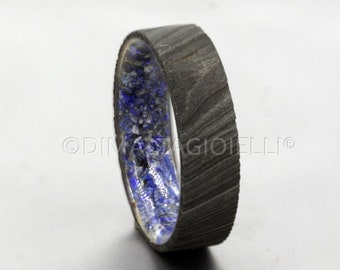 Damascus Steel Ring: Raw Lapis Lazuli Inlay, Black Band