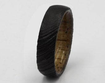 Black Damascus Steel Ring: Whiskey Barrel Wood Band, Dome Profile