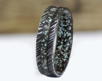 DAMASCUS Steel ring DINOSAUR fossil wedding band TURQUOISE ring man wedding band man woman jewelry for anniversary size 3 to 16 flat profile