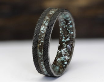 DAMASCUS Steel ring DINOSAUR fossil wedding band TURQUOISE ring man black metal wedding band man woman jewelry for anniversary flat profile