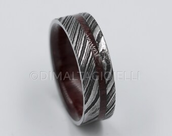 Damascus Steel Wedding Ring: Purple Heart Wood Inlay, Comfort Fit