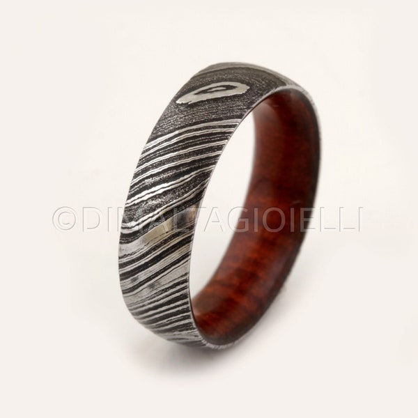 wood ring DAMASCUS steel ring wood wedding band man ring COCOBOLO inside wood band