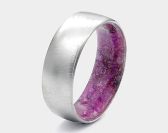 Amethyst February birthstone ring purple stone round band comfort fit man woman ring size titanium round band