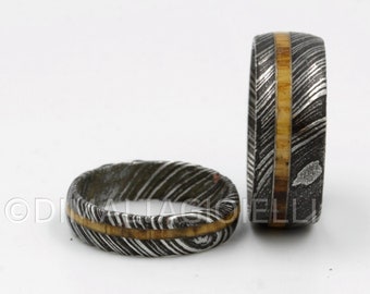 Damascus Steel Wedding Band Set: Whiskey Barrel Wood Inlay