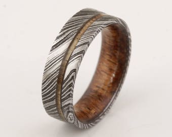 May include: A silver and brown patterned metal ring with a thin line of wood inlay.