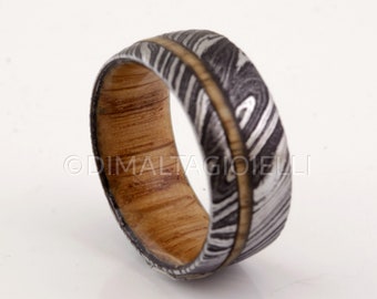 Damascus Steel Ring: Whiskey Barrel Wood Wedding Band