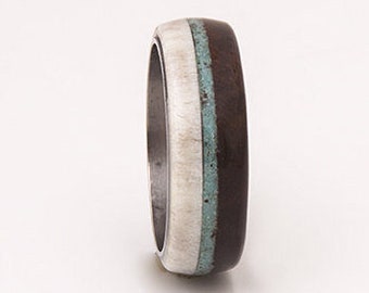 mens wedding ring turquoise men ring titanium wedding band with wood antler ring