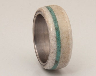 Antler and Turquoise Mens wedding band Titanium Ring SIlver Ring