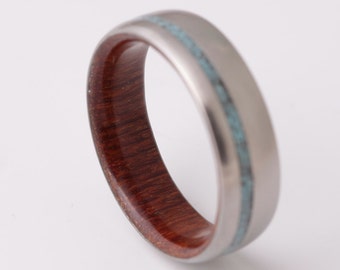 turquoise ring mens wedding band wood wedding ring TURQUOISE WOOD RING wooden leopard wood turquoise wedding band titanium wood ring