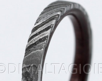 Damascus Steel Wedding Ring Set: Purple Heart Wood Band, Comfort Fit