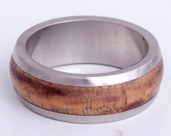 wood wedding band with Hawaiian Koa inlay titanium dome band mens wedding ring engagement wedding gift for her him