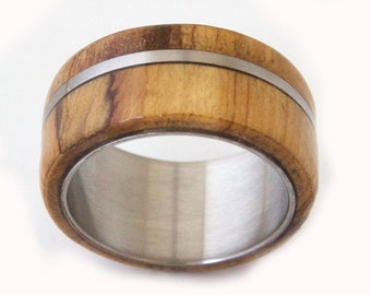 Olive wood wedding ring , titanium band , unisex ring water resistant personalized gift for her him