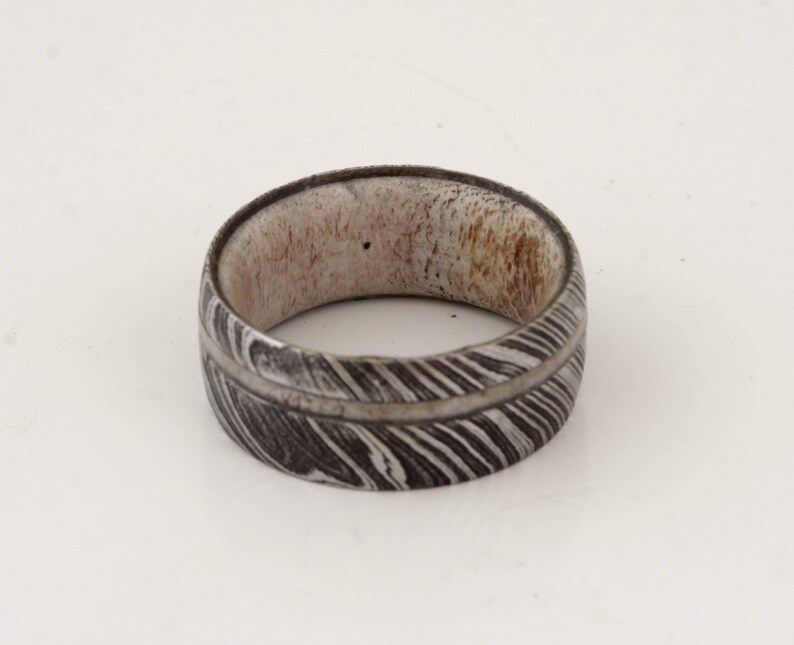 ANTLER RING DAMASCUS steel ring Antler wedding band mens wedding ring Antler ring man woman ring