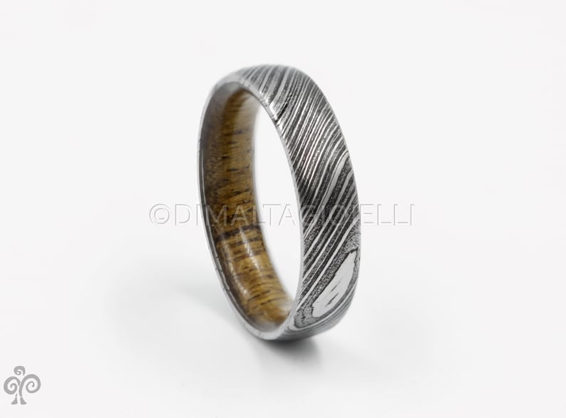 wood ring DAMASCUS steel ring wood wedding band man ring TEAK WOOD ring inside wood band image 5