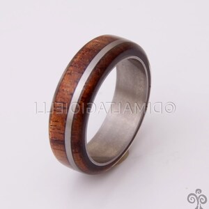 May include: A brown wooden ring with a silver inlay, set in a silver band.