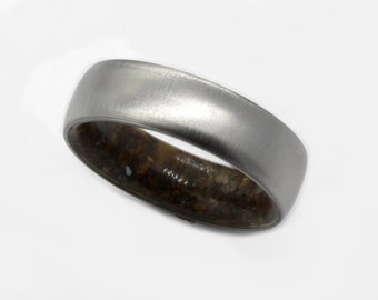 Brushed Titanium Petrified Wood Ring: Comfort Fit Wedding Band