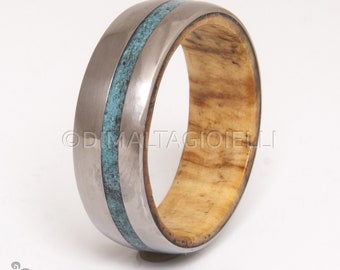 Mens Titanium and Turquoise wedding band wood ring olive wood ring mens wedding band inside wood band