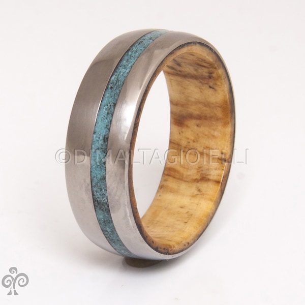 Aliança de casamento masculina de titânio e turquesa, anel de madeira de oliveira, aliança de casamento masculina com aliança interna de madeira