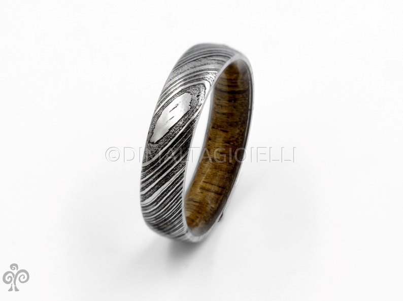 wood ring DAMASCUS steel ring wood wedding band man ring TEAK WOOD ring inside wood band image 1