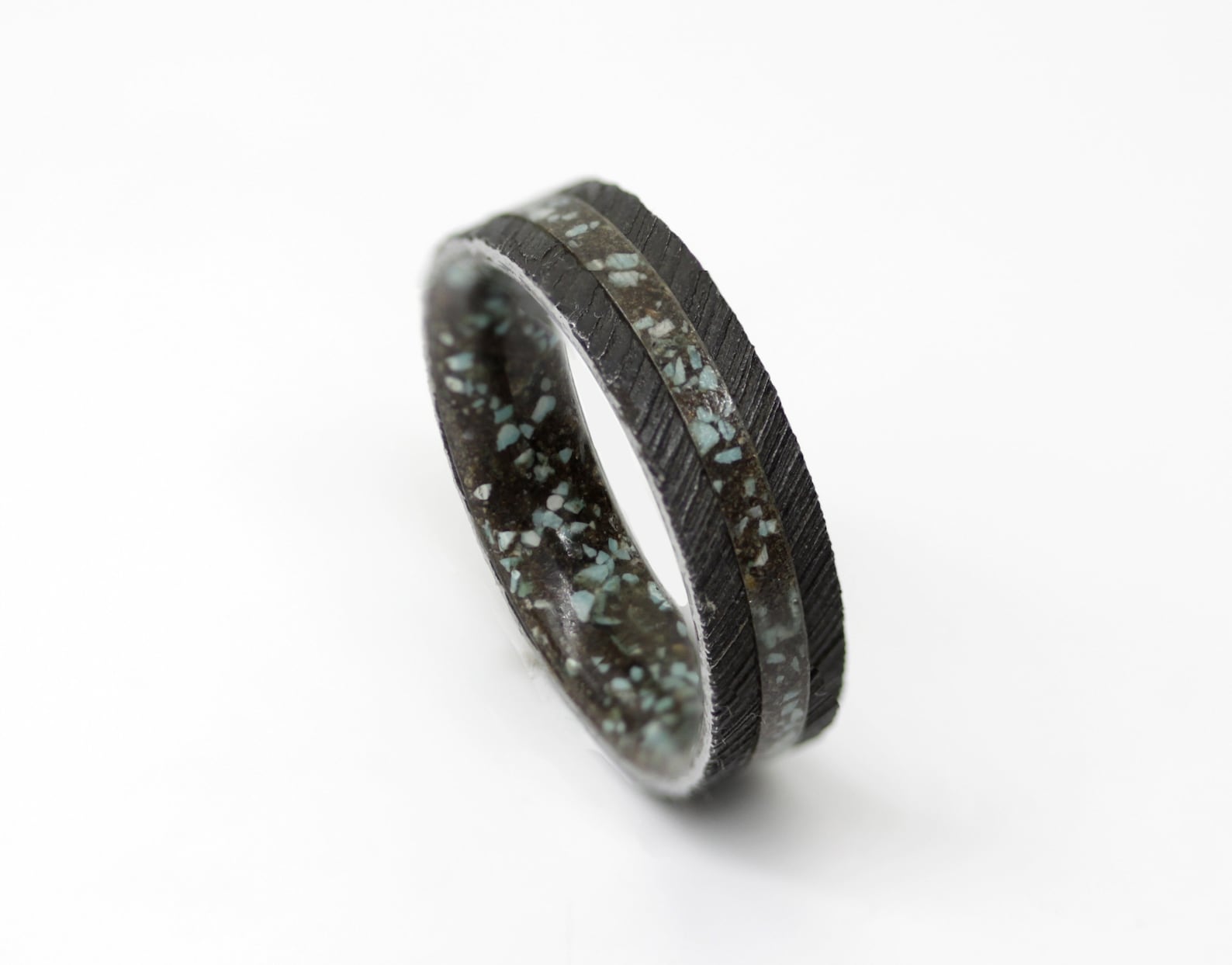 DAMASCUS Steel ring DINOSAUR fossil wedding band TURQUOISE