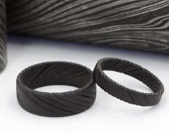 Damascus Steel Wedding Ring Set: Black Beveled Unisex Bands