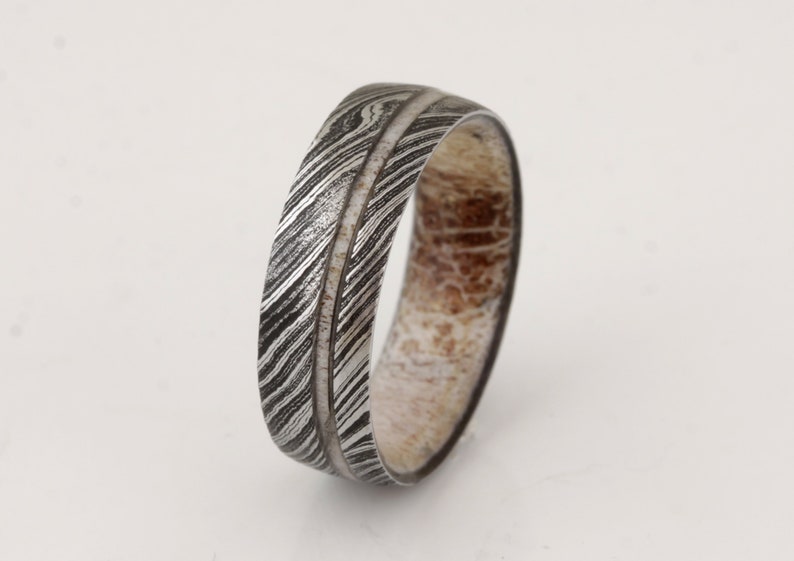 ANTLER RING DAMASCUS steel ring Antler wedding band mens wedding ring Antler ring man woman ring