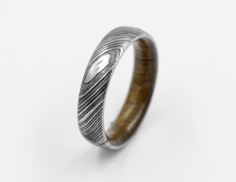 wood ring DAMASCUS steel ring wood wedding band man ring TEAK WOOD ring inside wood band