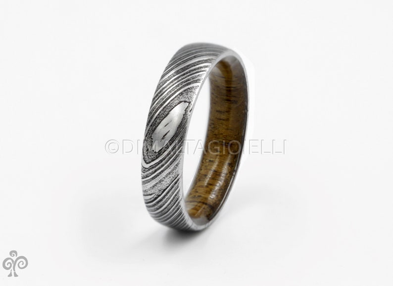 wood ring DAMASCUS steel ring wood wedding band man ring TEAK WOOD ring inside wood band image 3