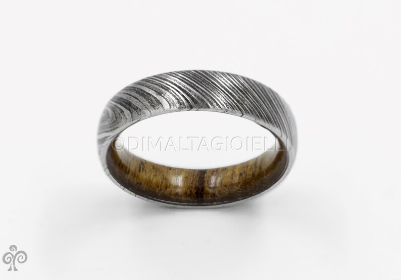 wood ring DAMASCUS steel ring wood wedding band man ring TEAK WOOD ring inside wood band image 6